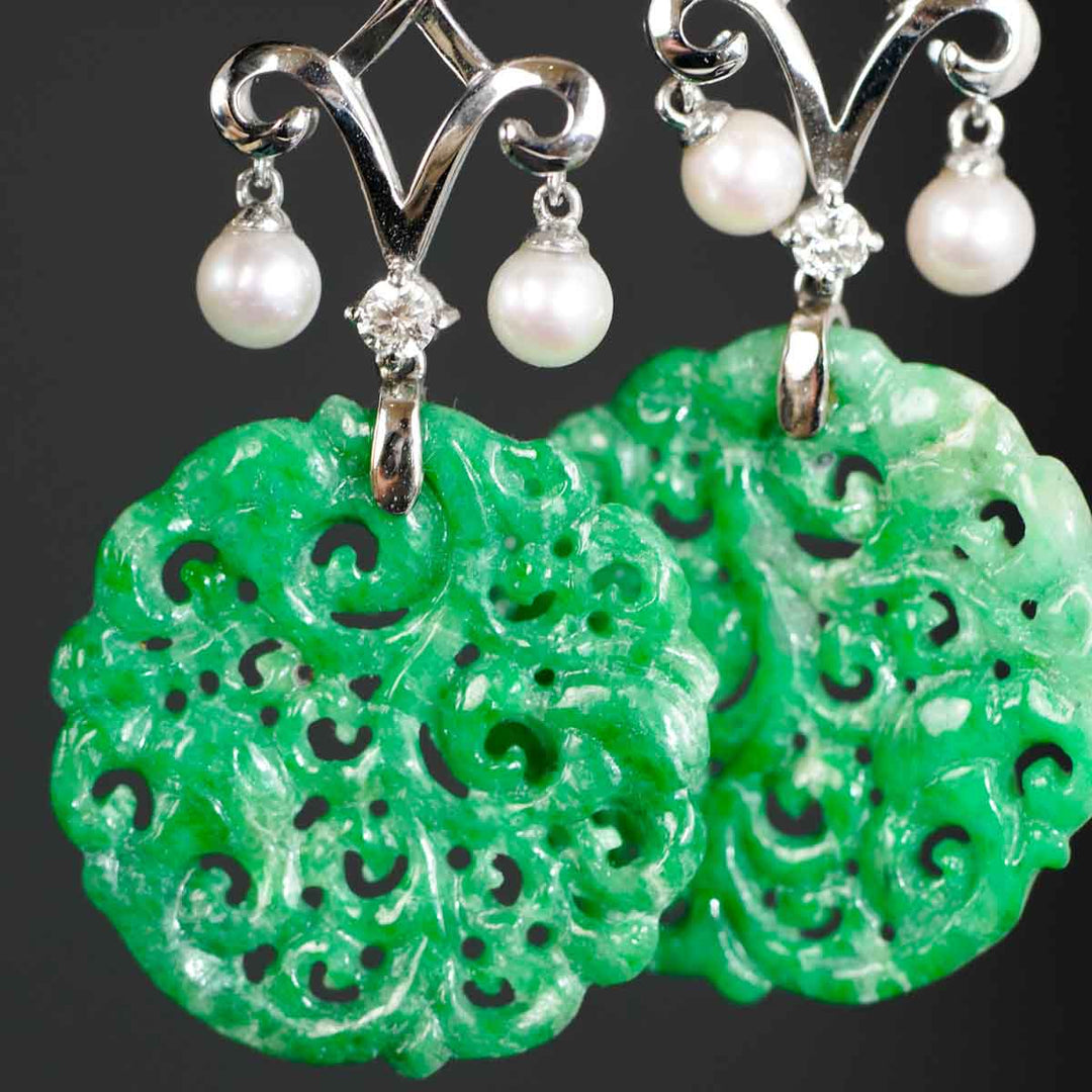 Burma Natural Green Carved Jade Earrings 21.1*2.3mm, 18K Gold
