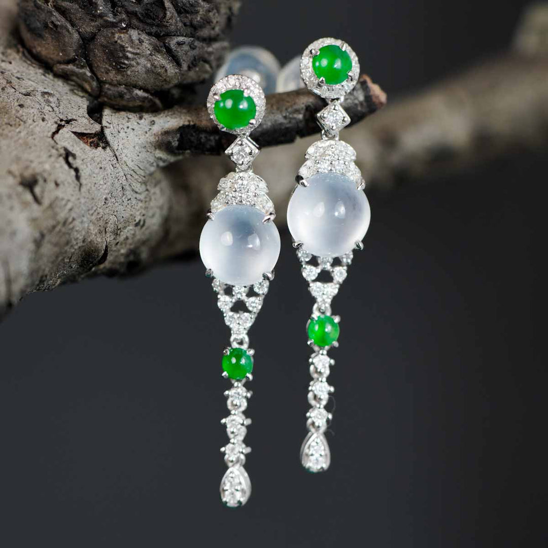 Burma Natural White Jade Cabochon Earrings 6.4*6.6mm, 18K Gold