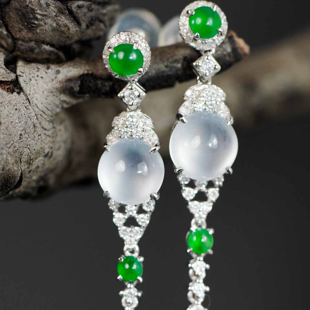Burma Natural White Jade Cabochon Earrings 6.4*6.6mm, 18K Gold