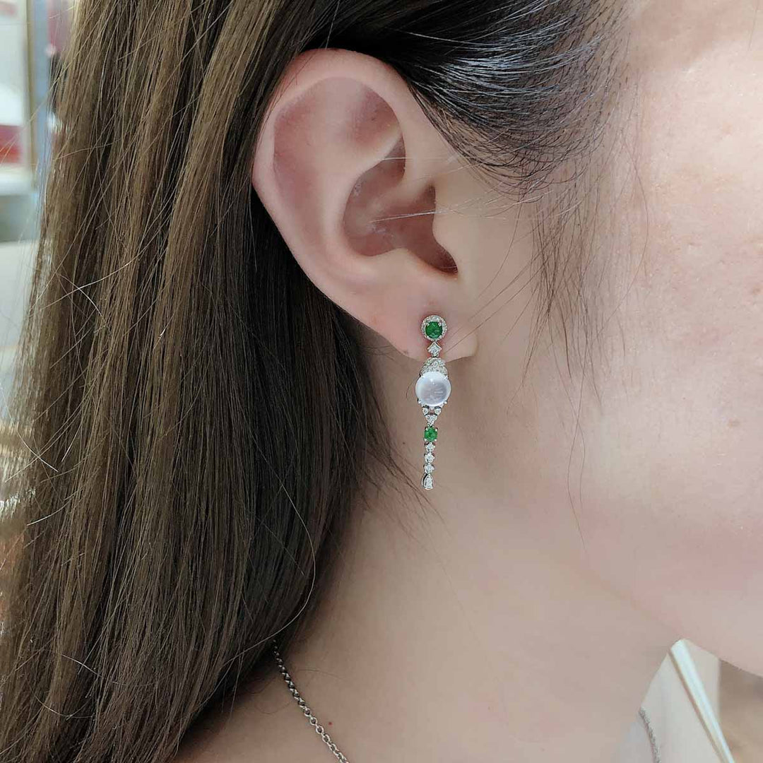 Burma Natural White Jade Cabochon Earrings 6.4*6.6mm, 18K Gold