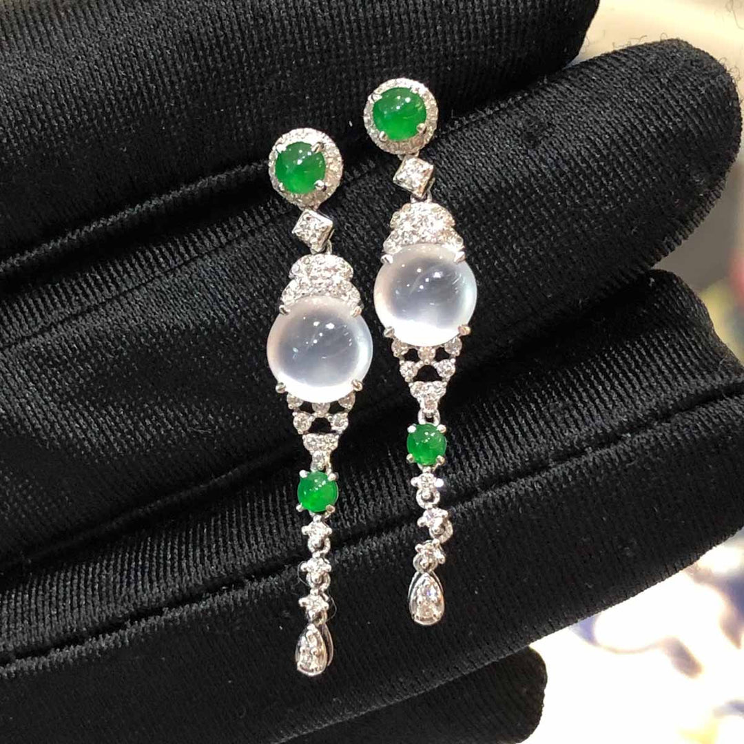 Burma Natural White Jade Cabochon Earrings 6.4*6.6mm, 18K Gold