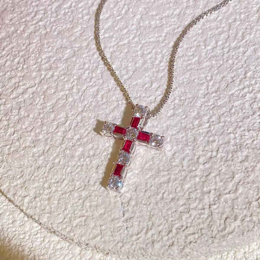 Natural Ruby Cross Necklace D0.56 d0.96ct 18K, Pigeon Blood