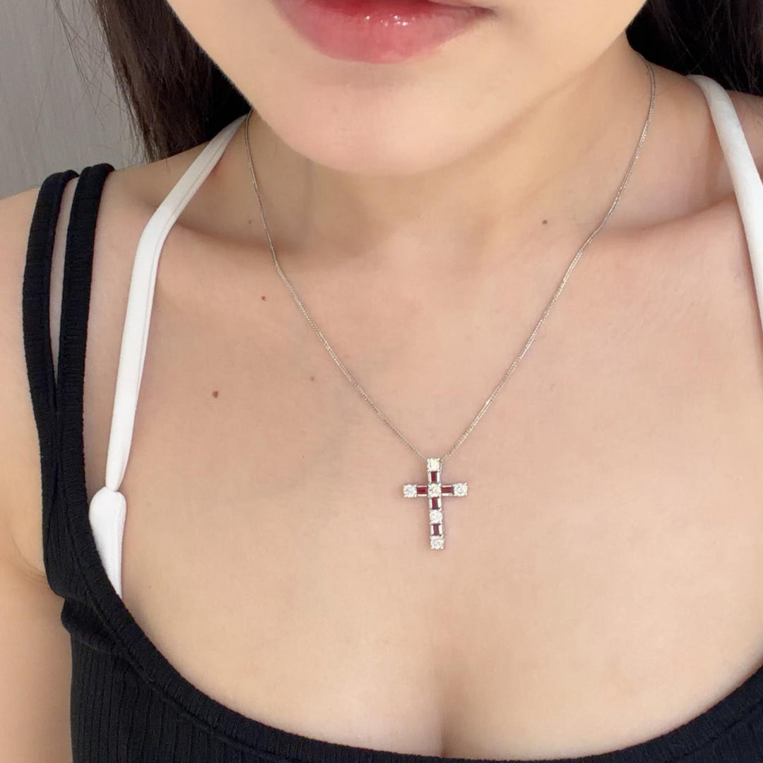 Natural Ruby Cross Necklace D0.56 d0.96ct 18K, Pigeon Blood