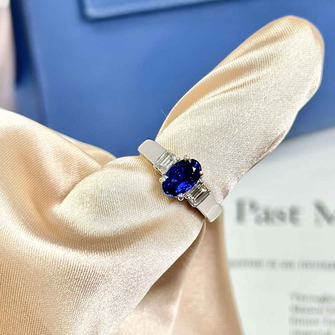 Natural Blue Sapphire Ring D1.73 d0.42ct PT, Sri Lanka GRS Royal Blue NO HEAT
