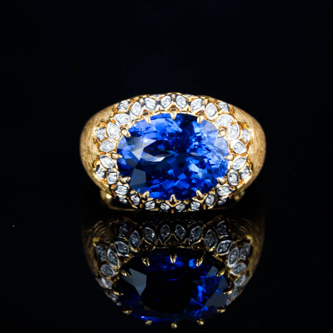 Natural Royal Blue Tanzanite Stone Ring 7.6ct, Diamond 0.188ct 18K Gold