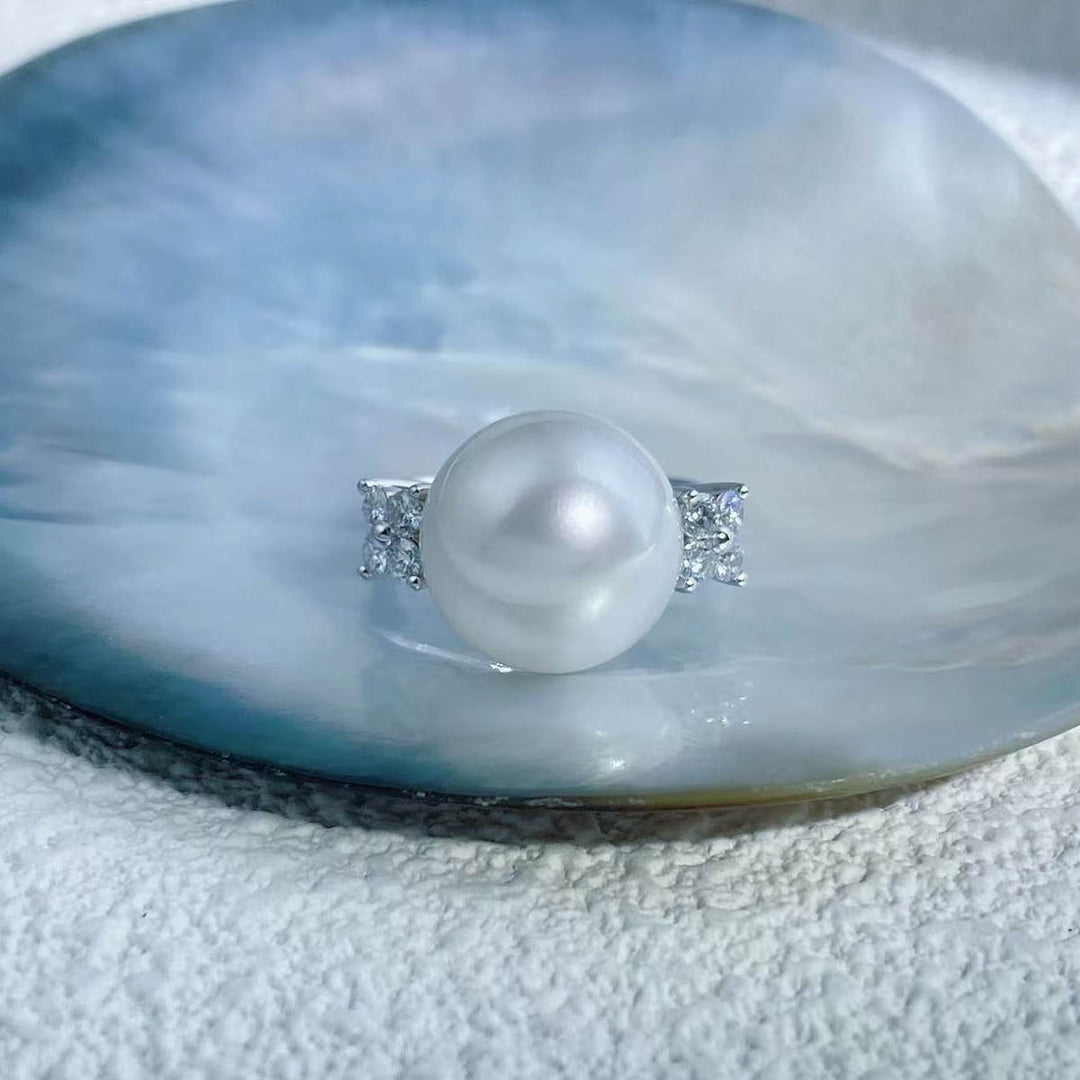 Natural South Sea White Pearl Diamond Ring 14.0mm d0.48ct —18K Gold
