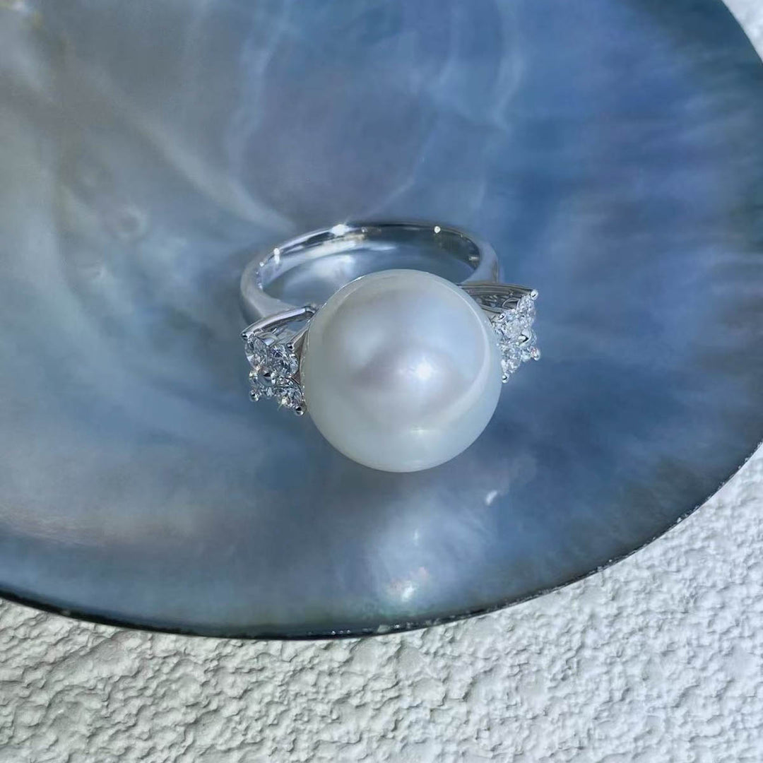Natural South Sea White Pearl Diamond Ring 14.0mm d0.48ct —18K Gold