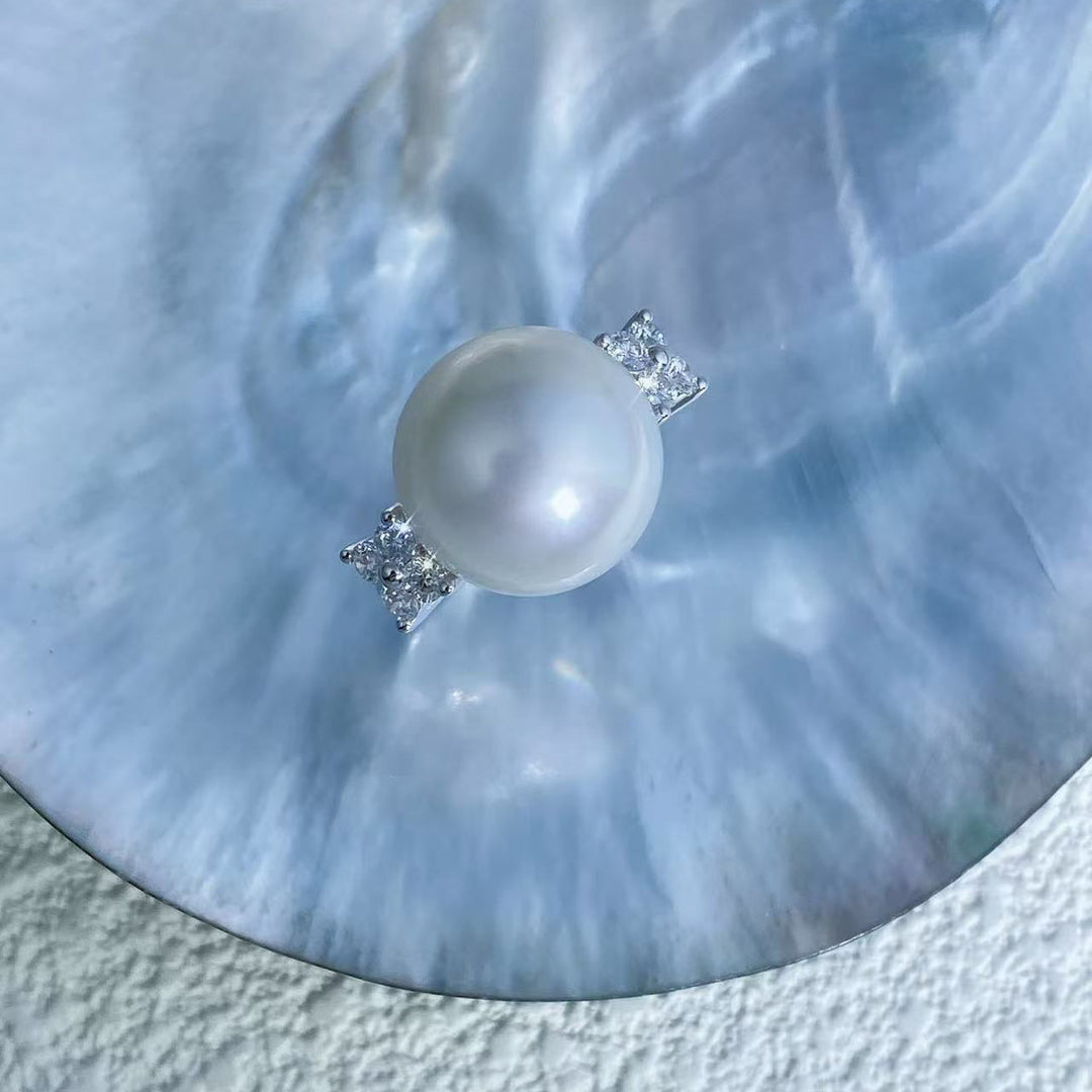Natural South Sea White Pearl Diamond Ring 14.0mm d0.48ct —18K Gold