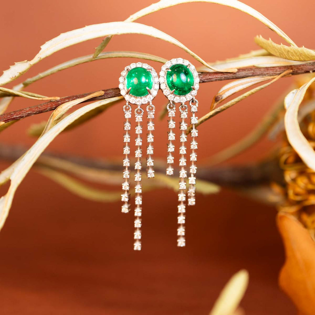 Natural Columbia Emerald Stone Dangle Earrings D2.06ct, Diamond d0.9ct. 18K Gold