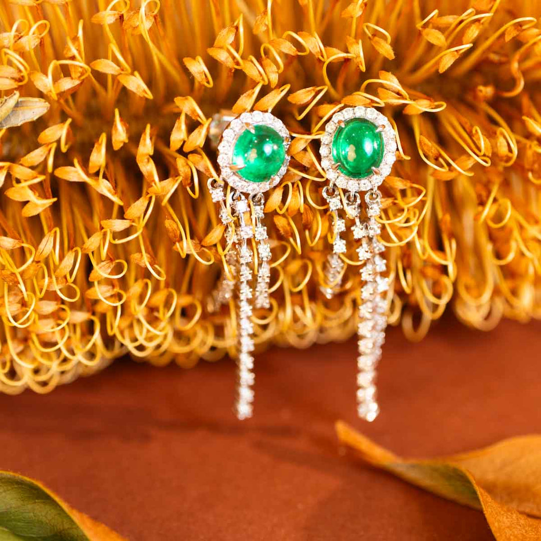Natural Columbia Emerald Stone Dangle Earrings D2.06ct, Diamond d0.9ct. 18K Gold