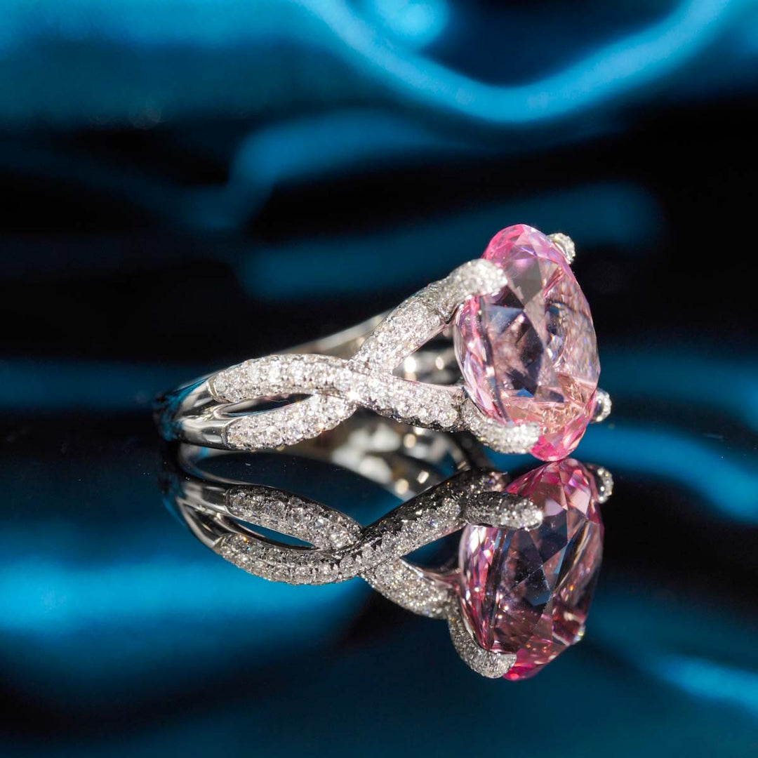 Natural Cherry Blossom Color Morganite Stone Ring 6.66ct, Diamond 0.83ct 18K Gold