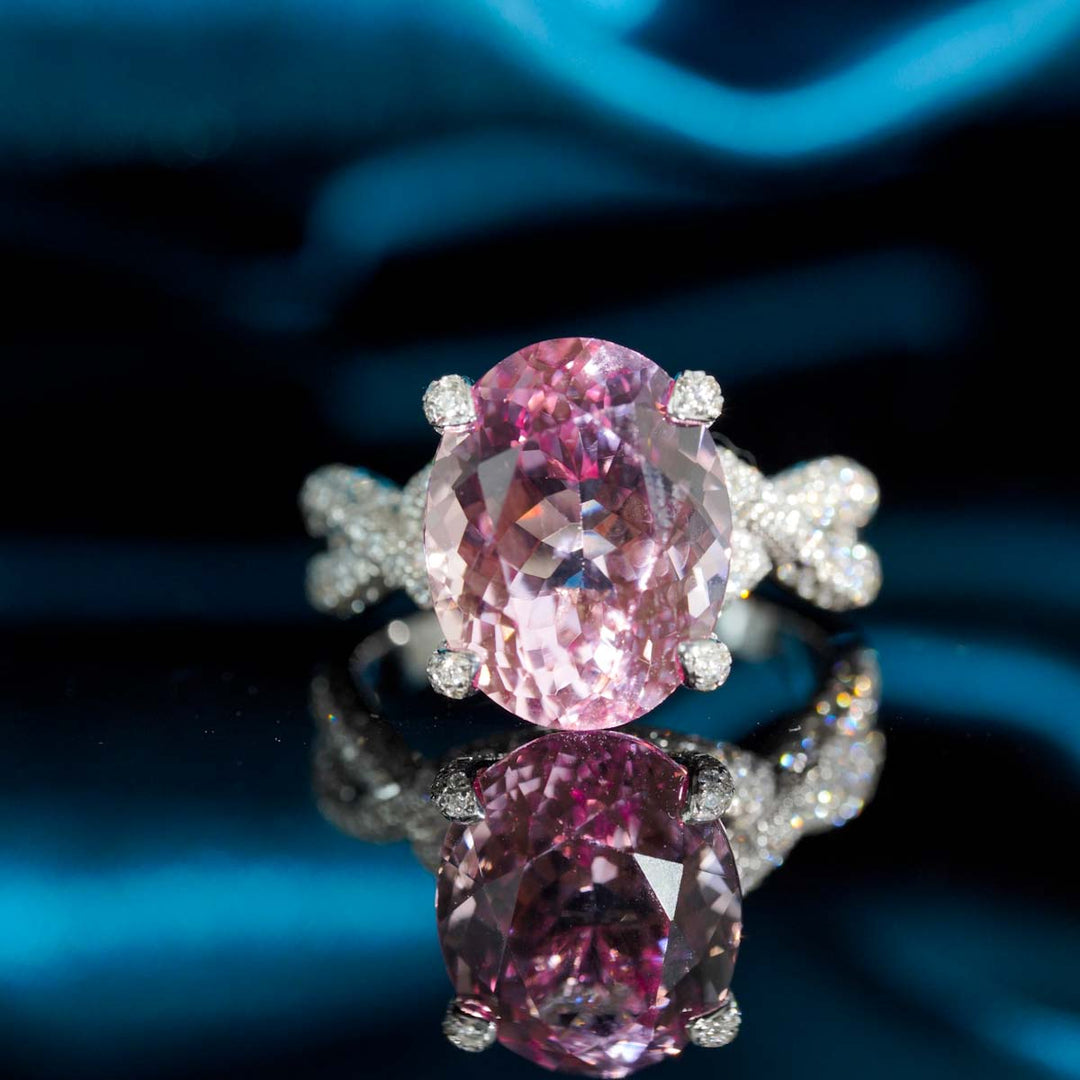Natural Cherry Blossom Color Morganite Stone Ring 6.66ct, Diamond 0.83ct 18K Gold