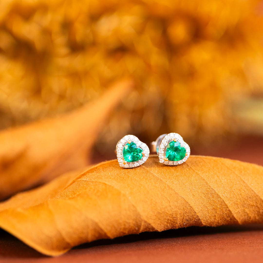 Natural Emerald Stone Stud Earrings D0.4ct, Diamond d0.5ct. 18K Gold