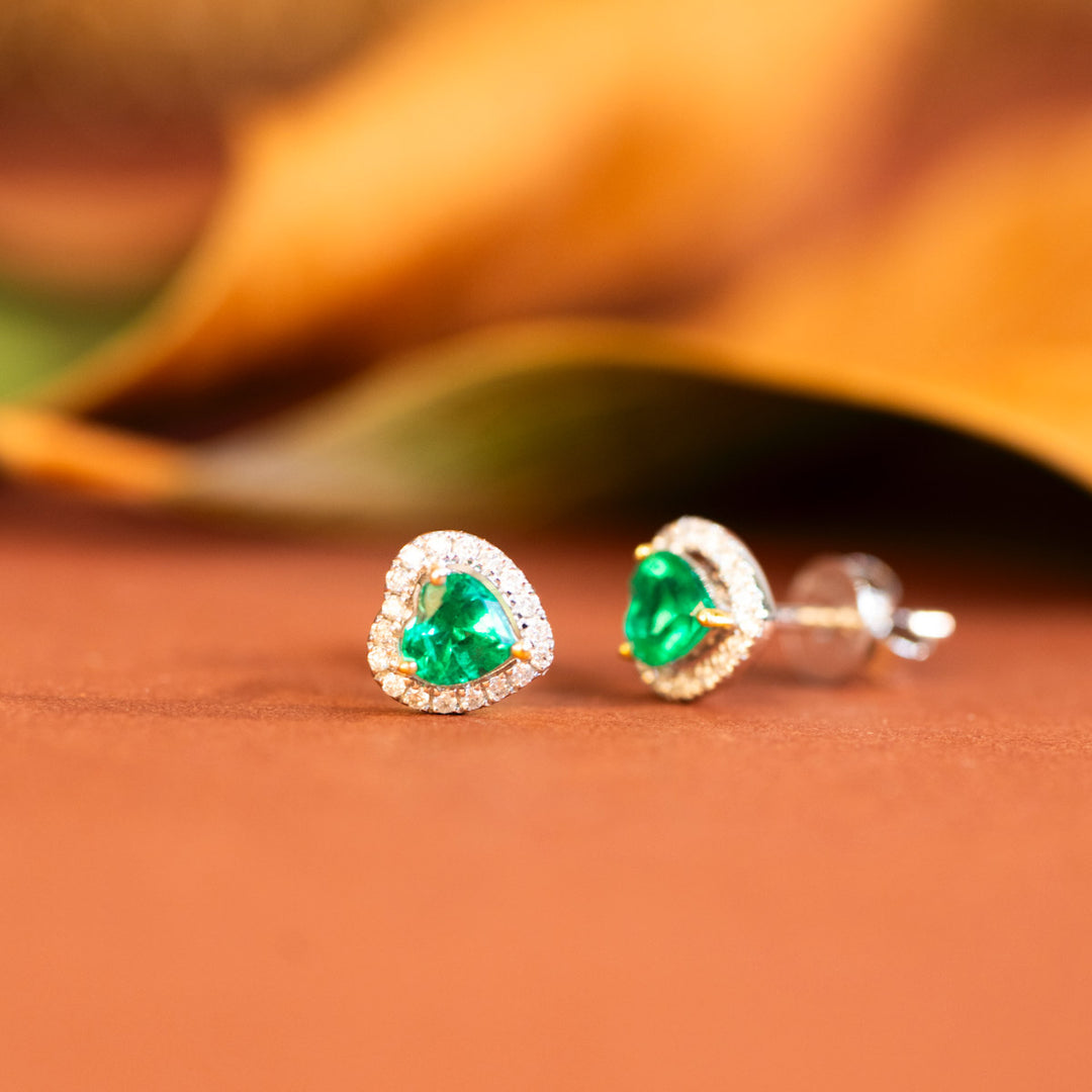 Natural Emerald Stone Stud Earrings D0.4ct, Diamond d0.5ct. 18K Gold