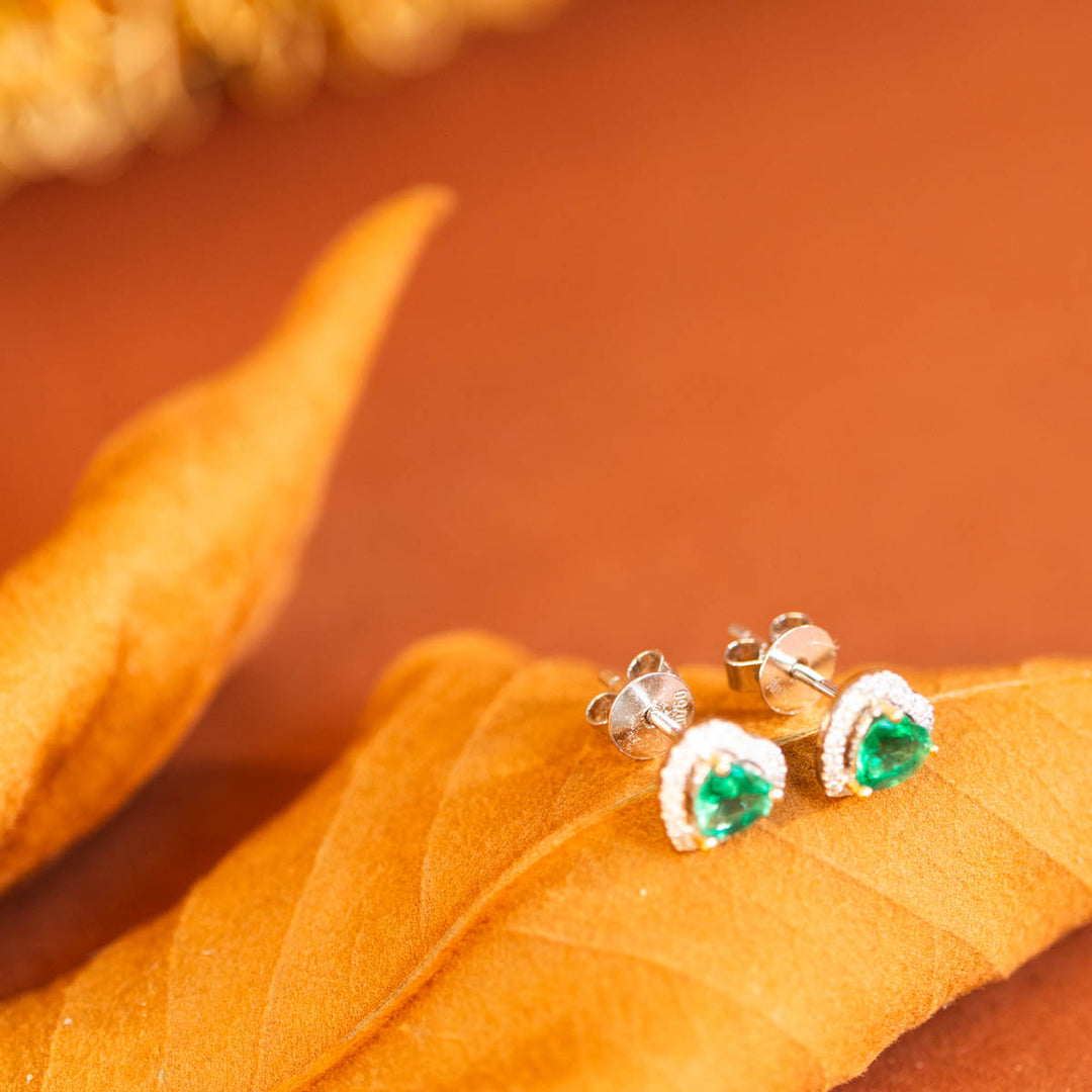 Natural Emerald Stone Stud Earrings D0.4ct, Diamond d0.5ct. 18K Gold