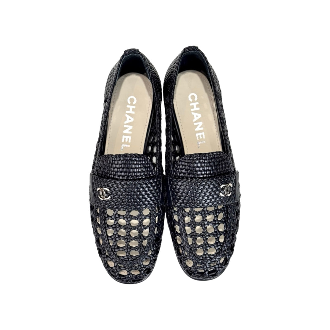 Chanel Shiny Braided Loafers Black #37.5