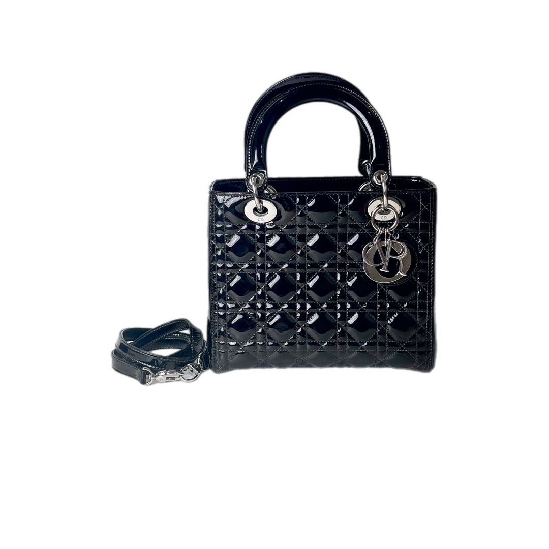 Dior Lady Dior Medium Green Changed to Black Patent Leather