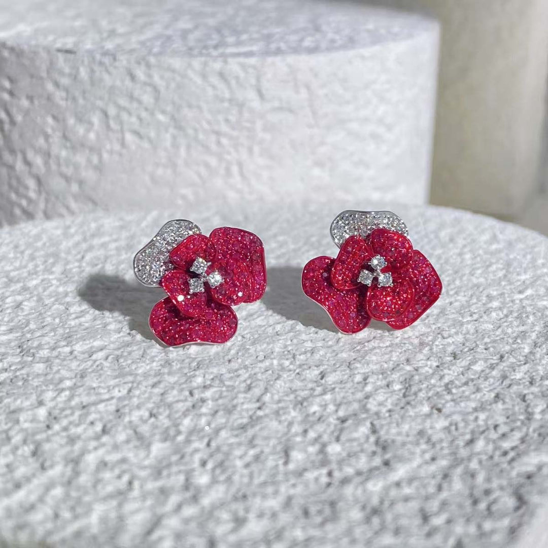 Natural Ruby Diamond Rose Earrings Studs D0.90ct d0.26ct 18K Gold