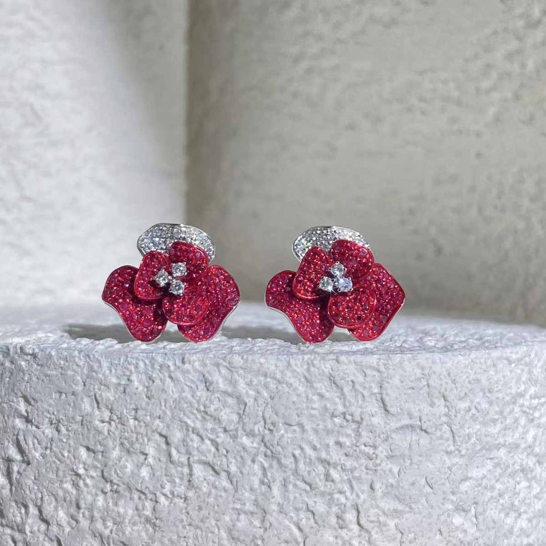Natural Ruby Diamond Rose Earrings Studs D0.90ct d0.26ct 18K Gold