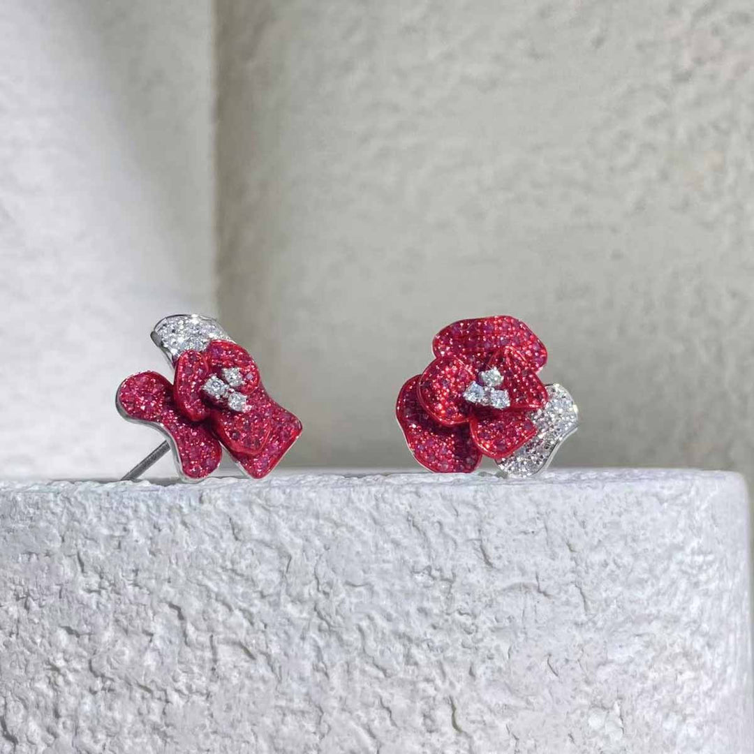 Natural Ruby Diamond Rose Earrings Studs D0.90ct d0.26ct 18K Gold