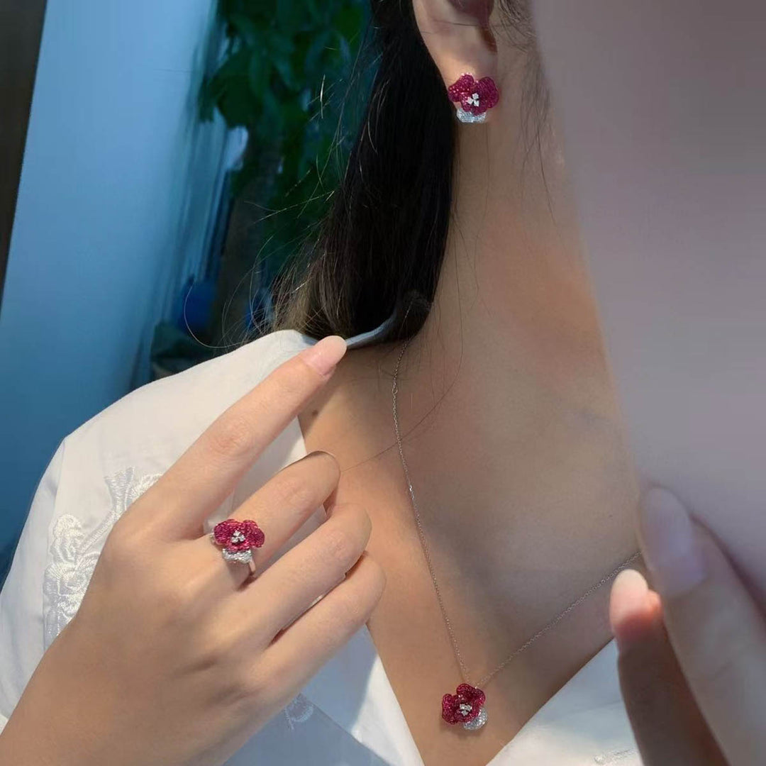 Natural Ruby Diamond Rose Earrings Studs D0.90ct d0.26ct 18K Gold