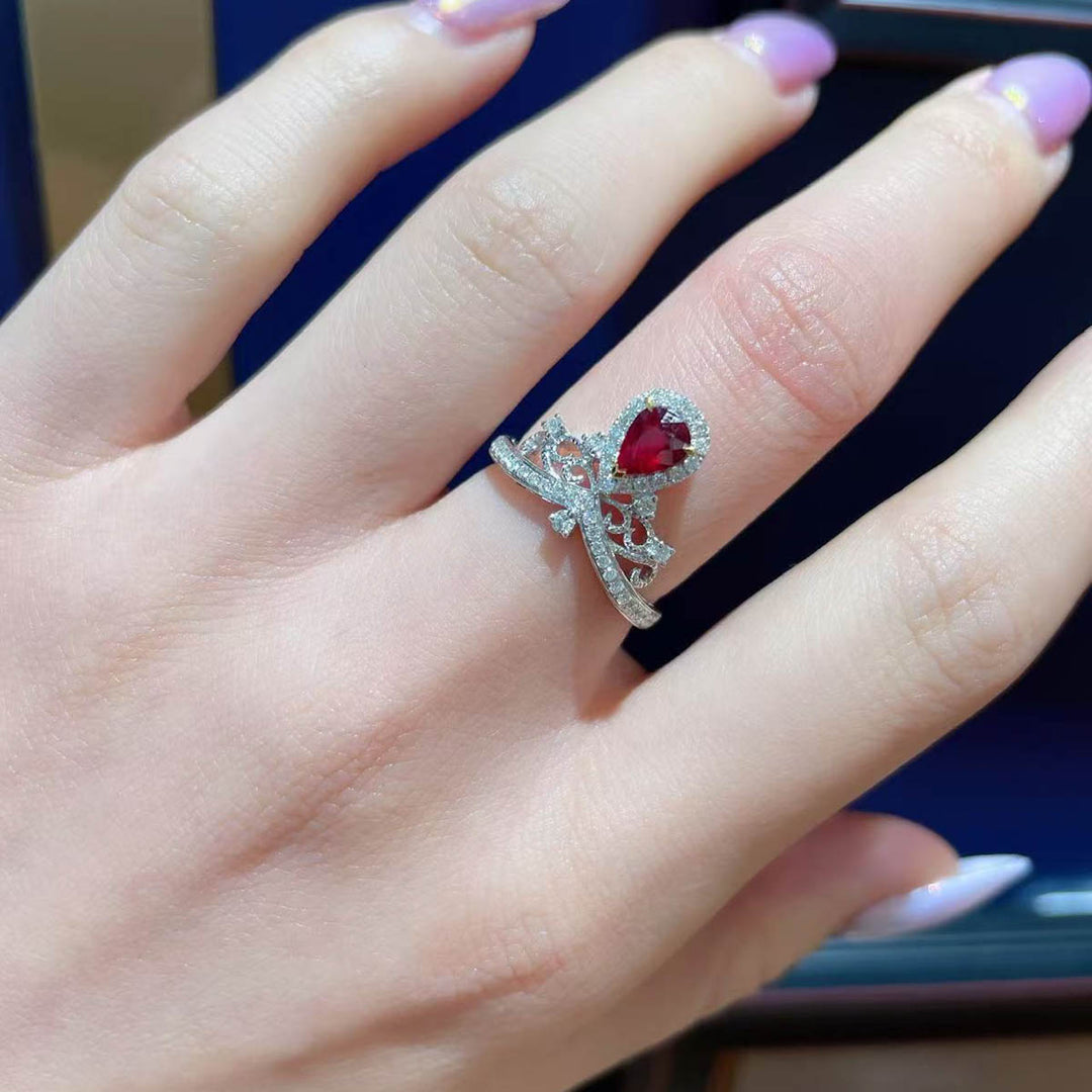 Natural Pigeon Blood Ruby Stone Ring 0.37ct, Diamond 0.3ct 18K Gold