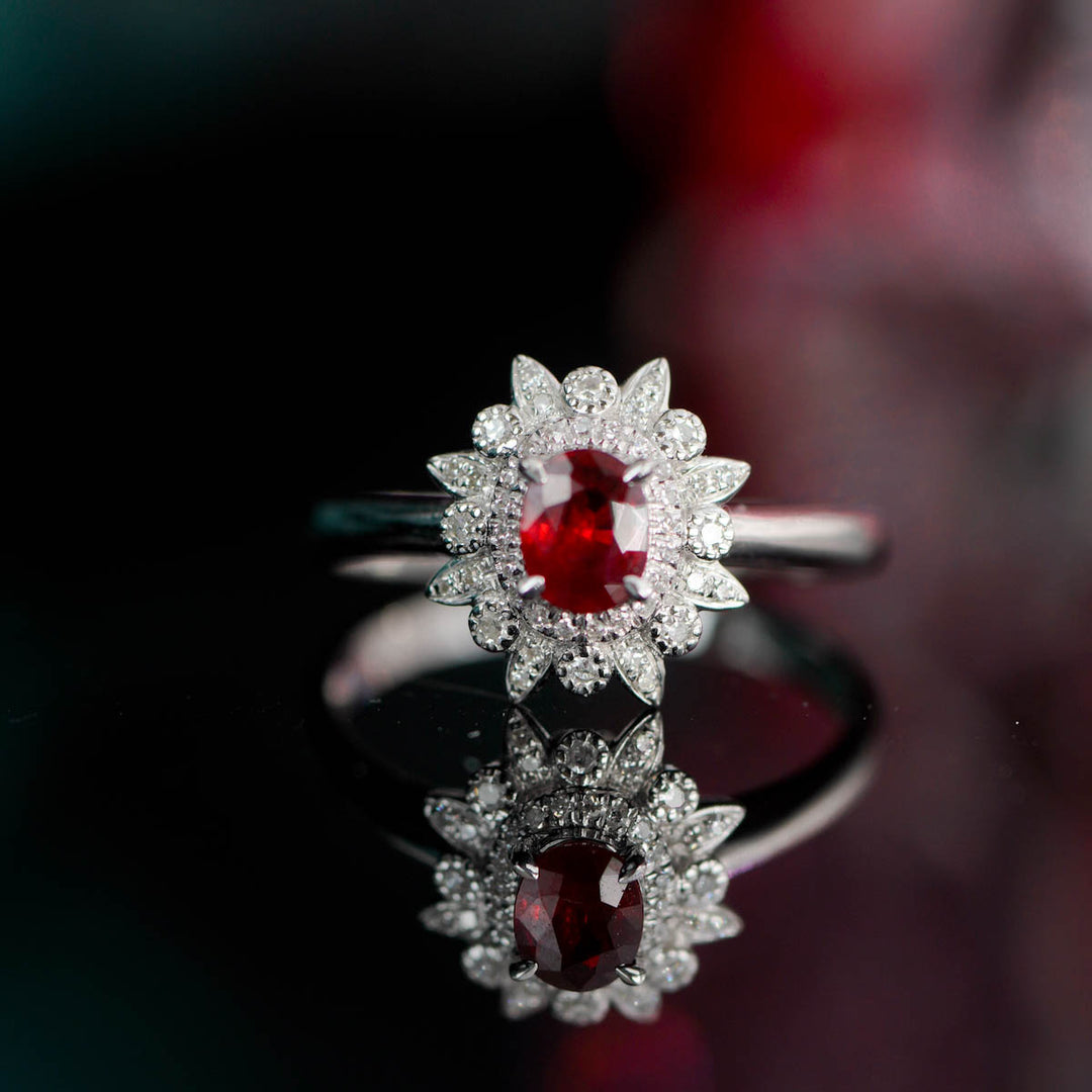 Mozambique Natural No-Heat Ruby Stone Ring 0.56ct, Diamond 0.156ct 18K Gold