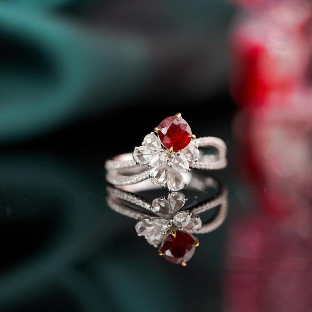 Mozambique Natural Pigeon Blood No-Heat Ruby Stone Ring 0.99ct, Diamond 0.58ct 18K Gold