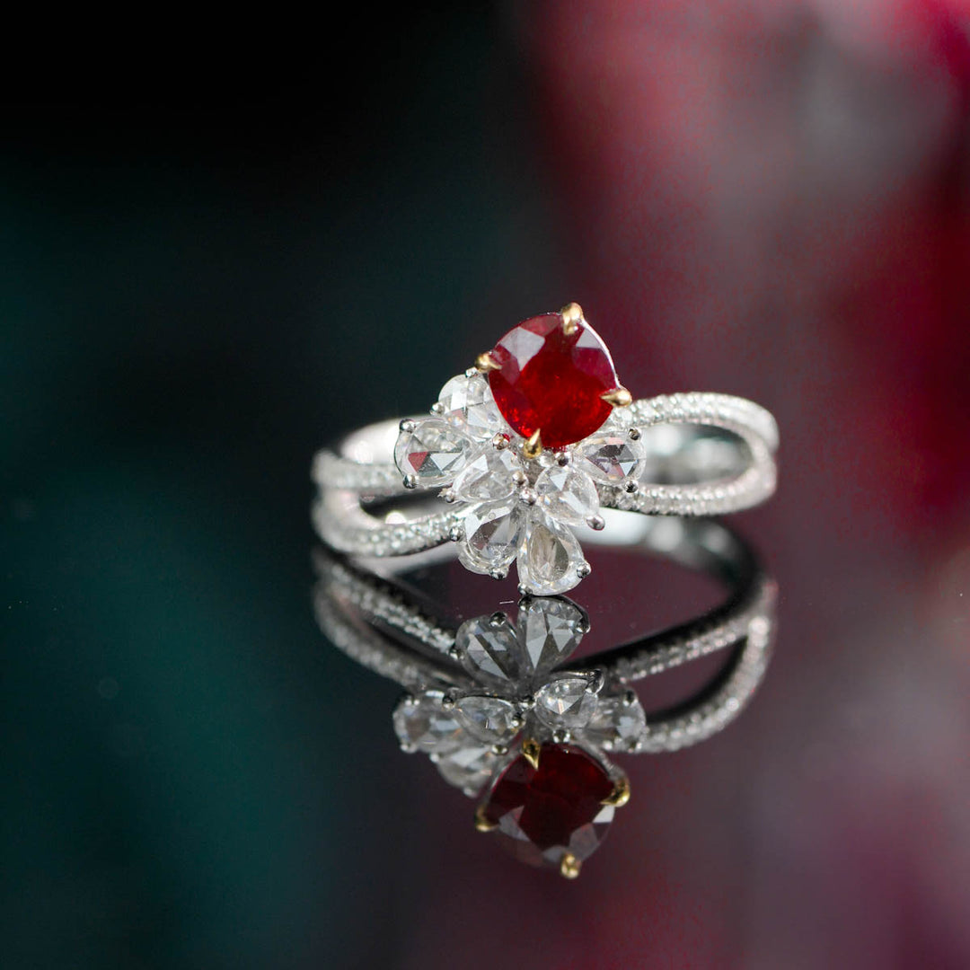Mozambique Natural Pigeon Blood No-Heat Ruby Stone Ring 0.99ct, Diamond 0.58ct 18K Gold