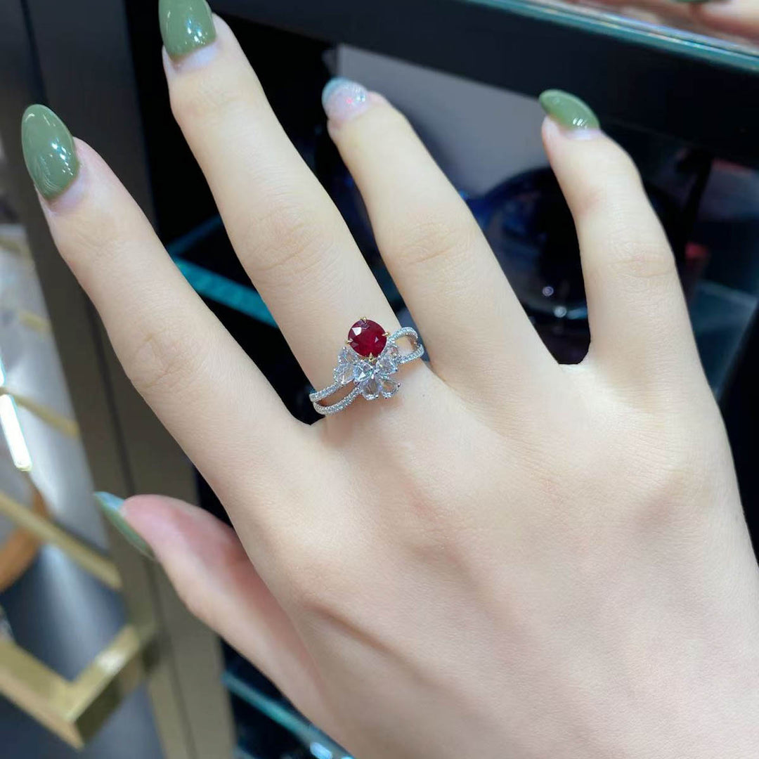 Mozambique Natural Pigeon Blood No-Heat Ruby Stone Ring 0.99ct, Diamond 0.58ct 18K Gold