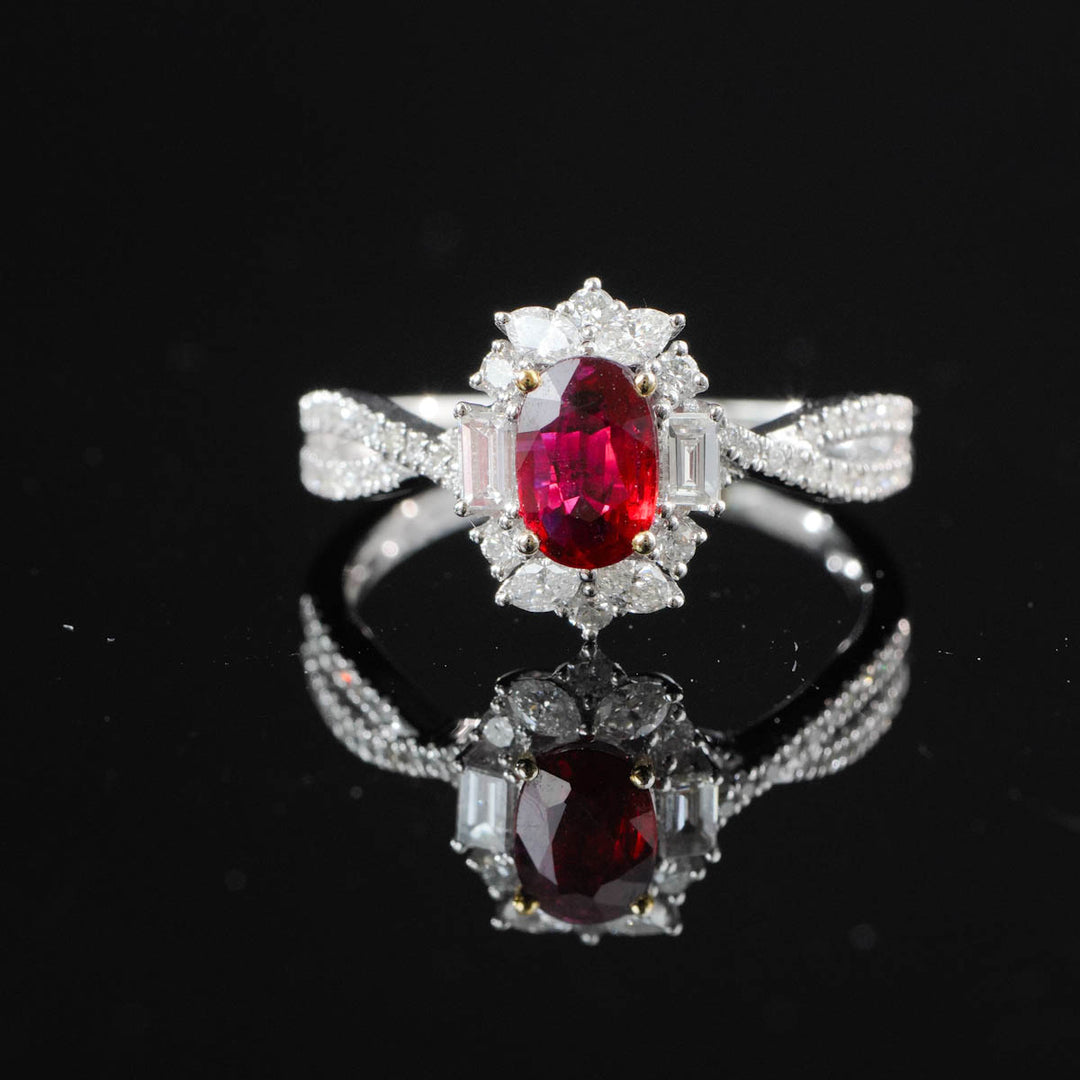 Natural Pigeon Blood Ruby Stone Ring 0.63ct, Diamond 0.52ct 18K Gold