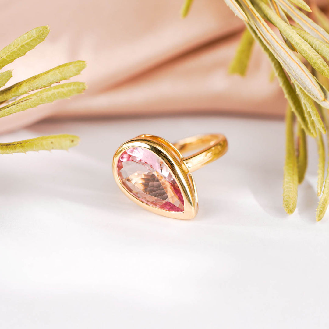 Natural Cherry Blossom Color Morganite Stone Ring 4.51ct, 18K Gold