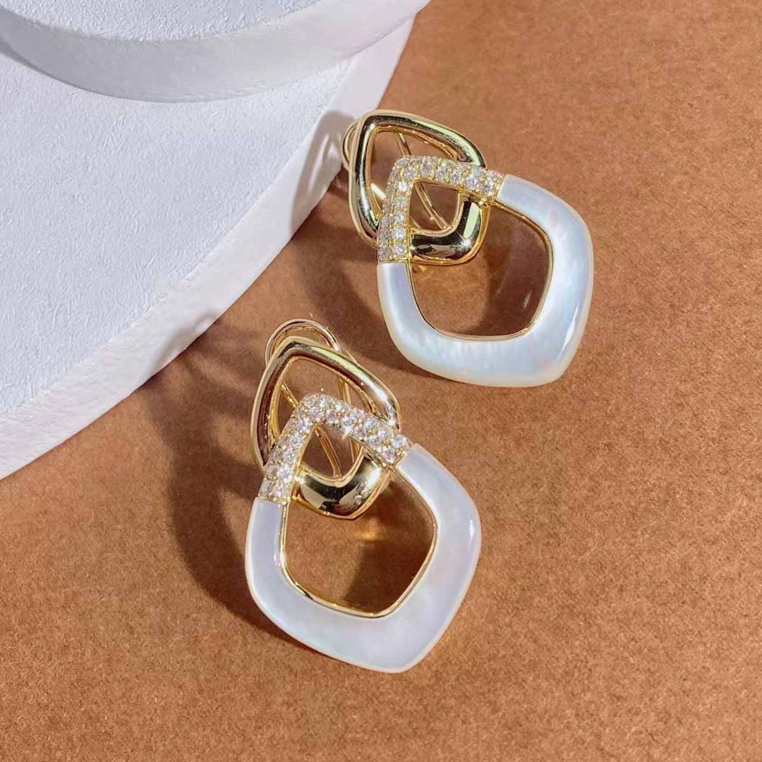 Natural White Diamond Rhombus White Mother of Pearl Earrings. D0.35ct,18K