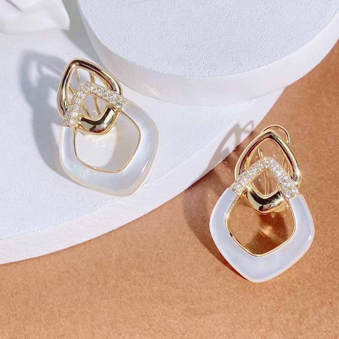 Natural White Diamond Rhombus White Mother of Pearl Earrings. D0.35ct,18K