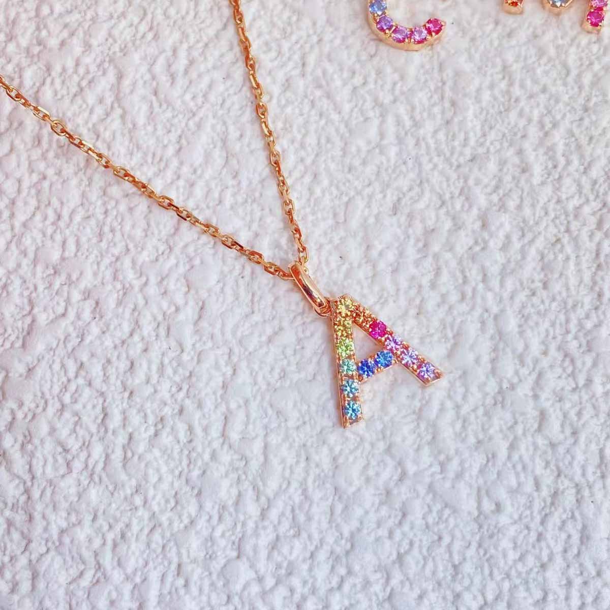 Colorful Sapphire Letter-A Necklace D0.24ct. 18K