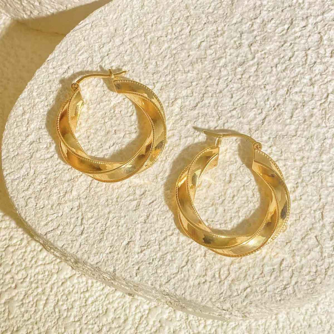 18k Solid Yellow Gold Twisted Beaded Hoop Earrings