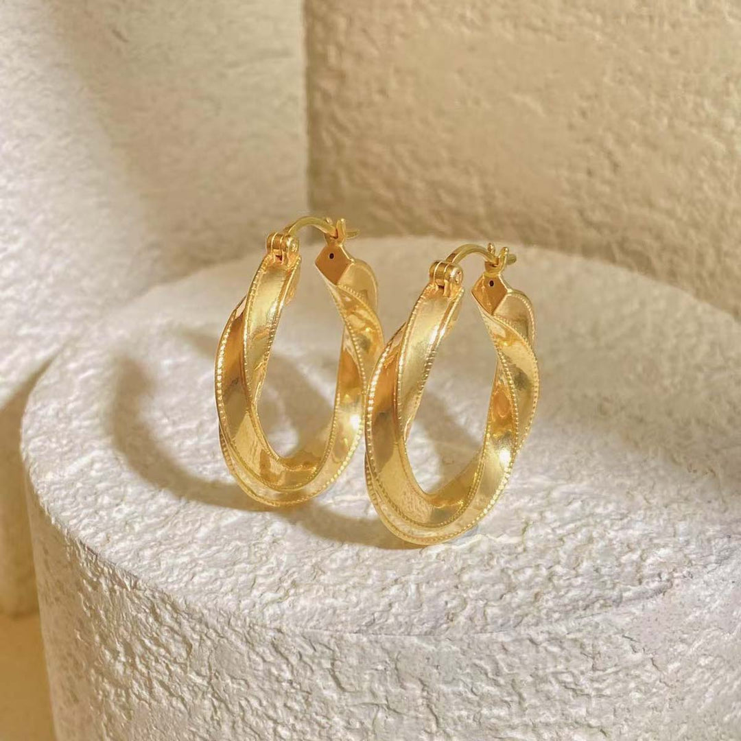 18k Solid Yellow Gold Twisted Beaded Hoop Earrings
