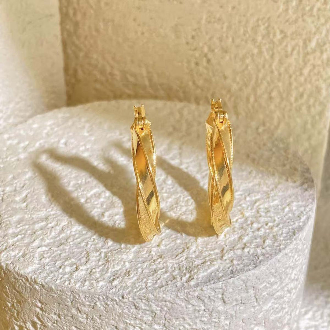 18k Solid Yellow Gold Twisted Beaded Hoop Earrings