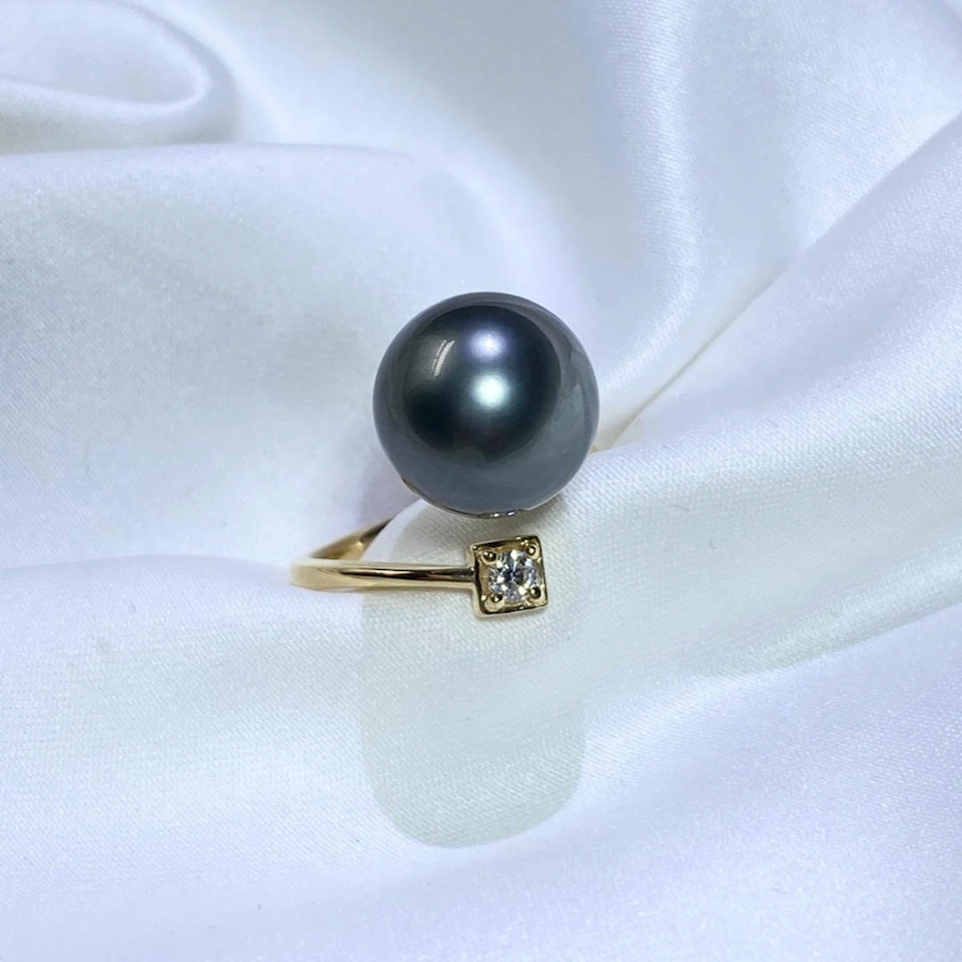 Natural Tahitian Black Pearl Diamond Ring 11.8mm d0.1ct,18K