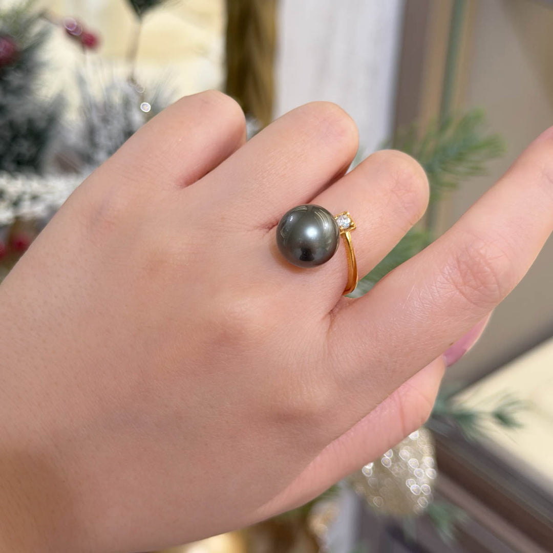 Natural Tahitian Black Pearl Diamond Ring 11.8mm d0.1ct,18K
