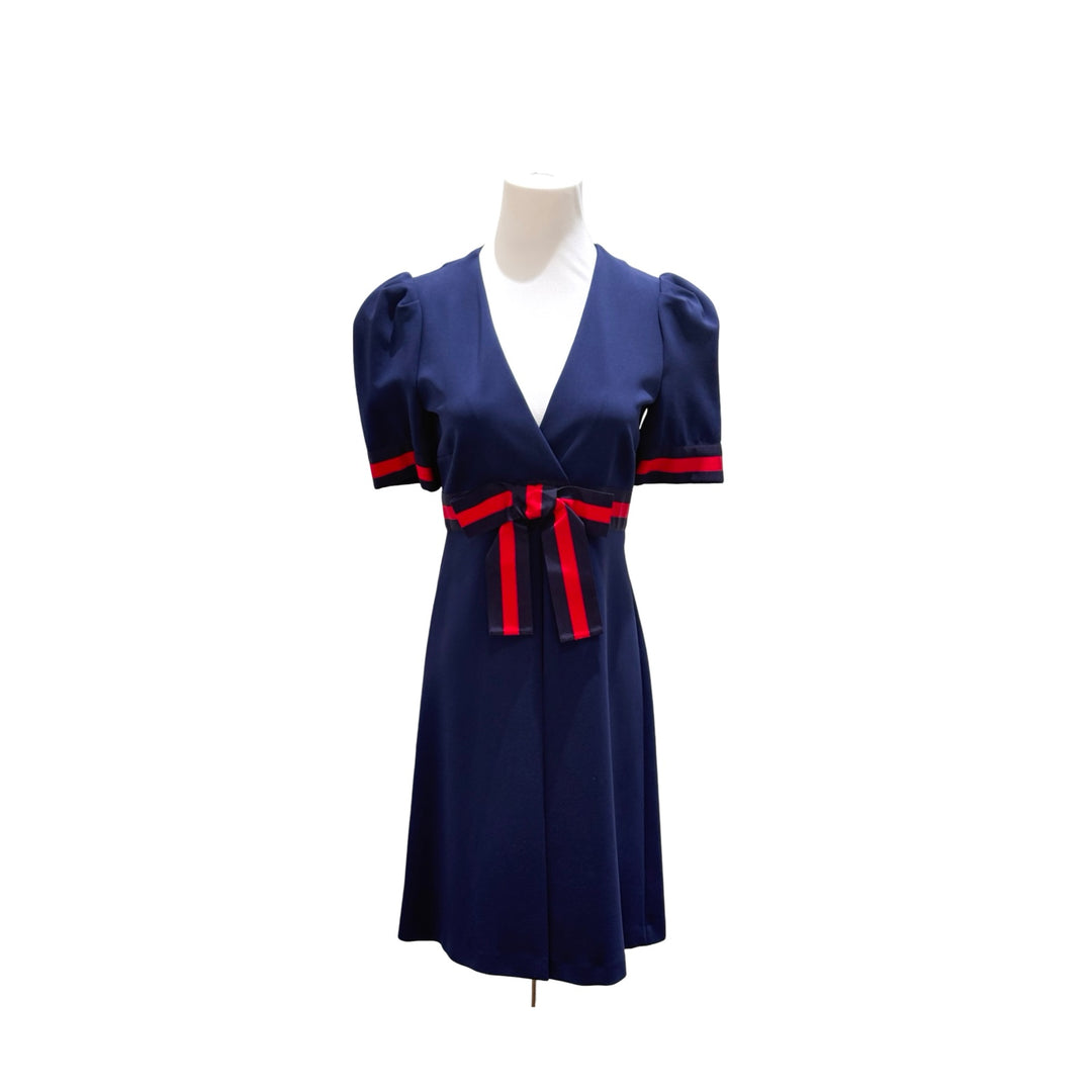 Gucci Grosgrain-Trimmed Navy V-neck Dress #S