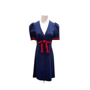 Pre-owned Gucci Grosgrain-Trimmed Navy V-neck Dress