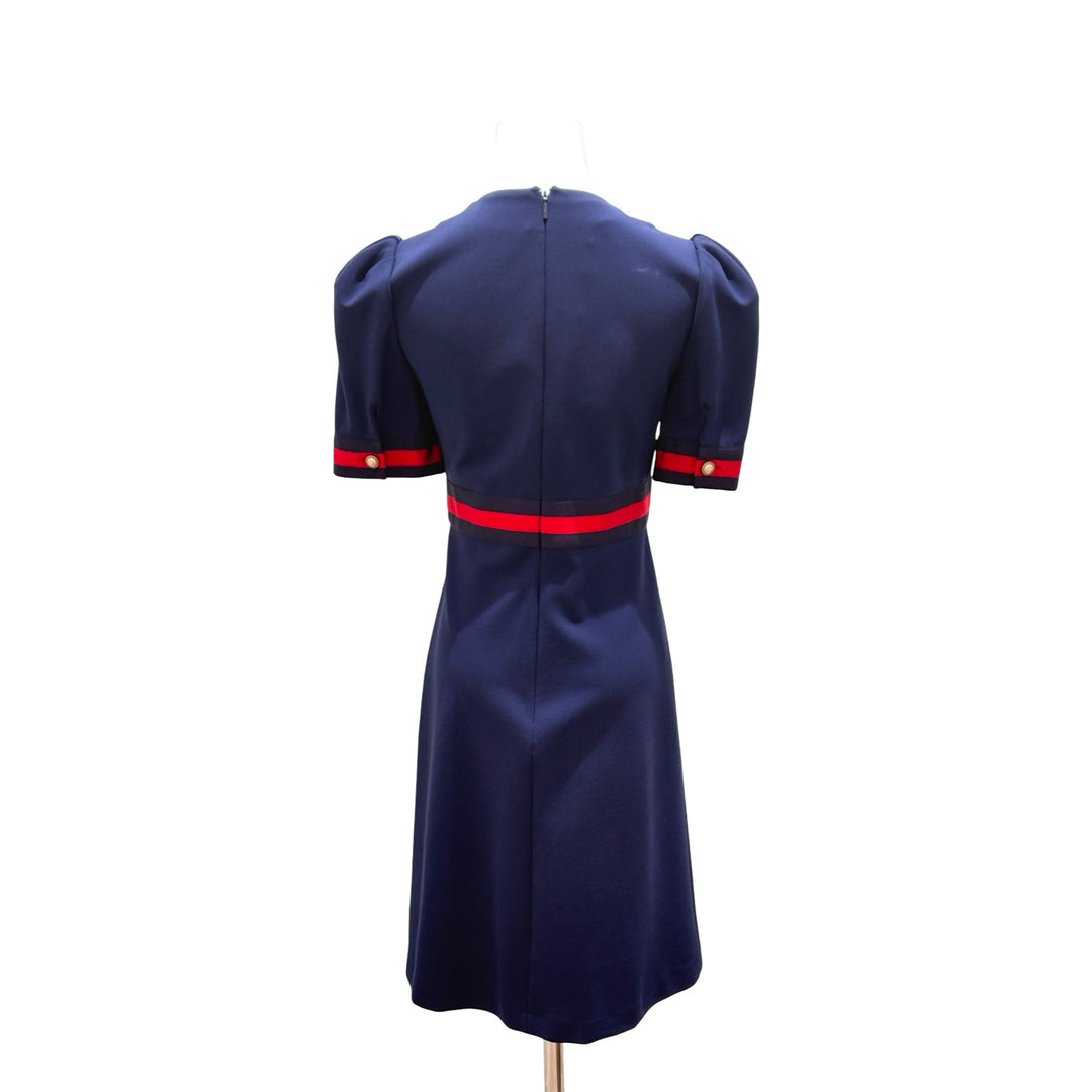 Gucci Grosgrain-Trimmed Navy V-neck Dress #S