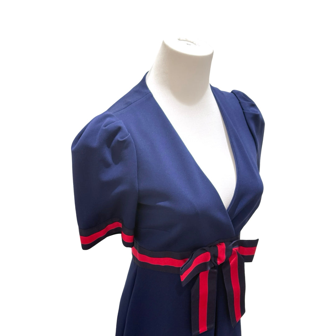 Gucci Grosgrain-Trimmed Navy V-neck Dress #S