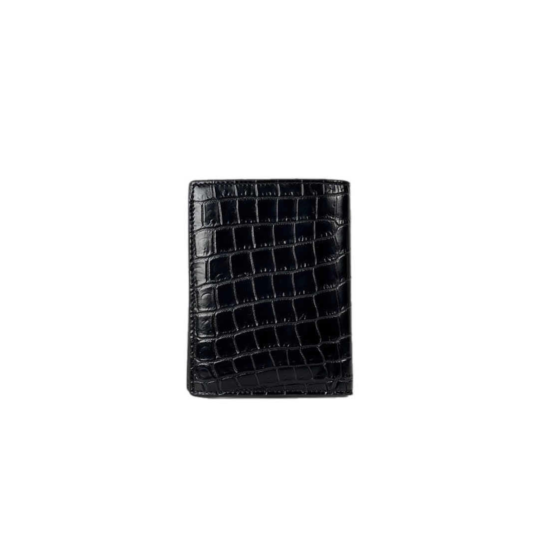 YSL Crocodile Embossed Calfskin Bi-Fold Wallet Black/Gold