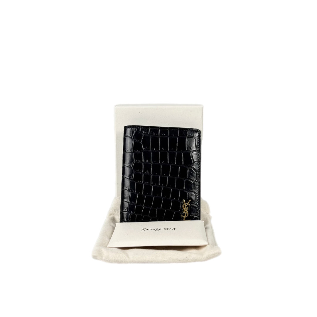 YSL Crocodile Embossed Calfskin Bi-Fold Wallet Black/Gold