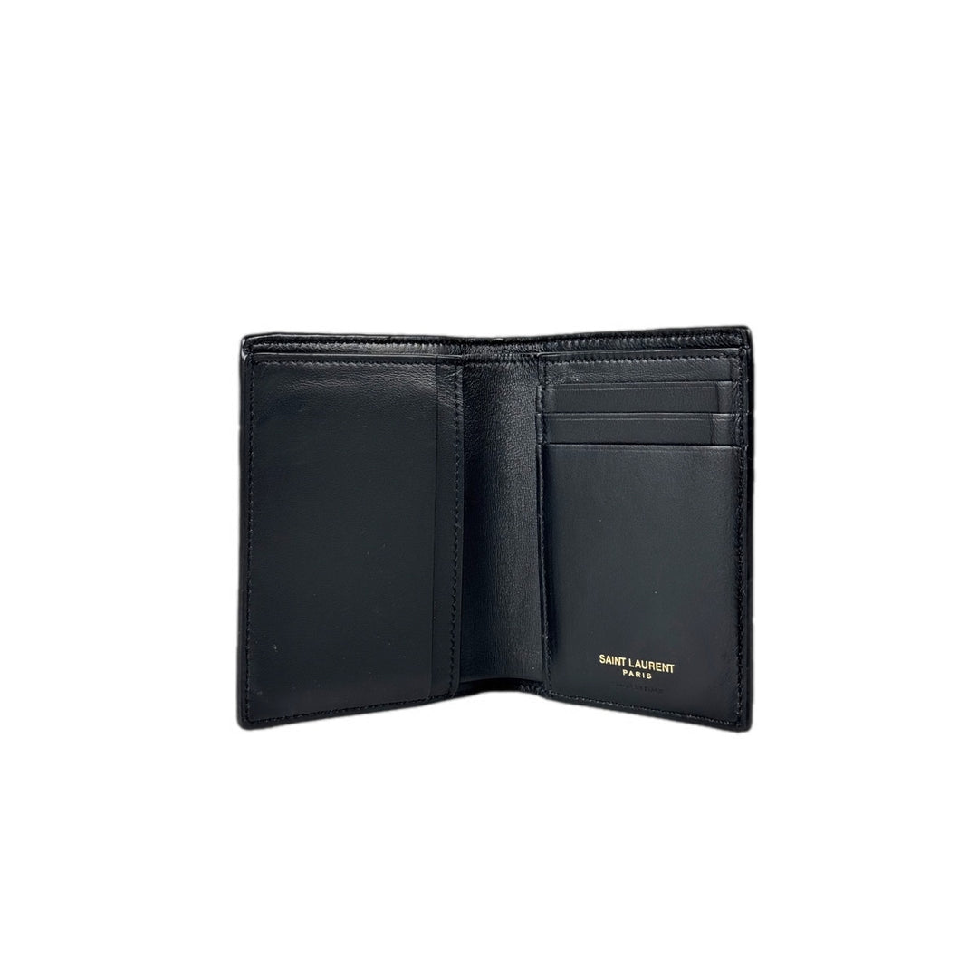 YSL Crocodile Embossed Calfskin Bi-Fold Wallet Black/Gold