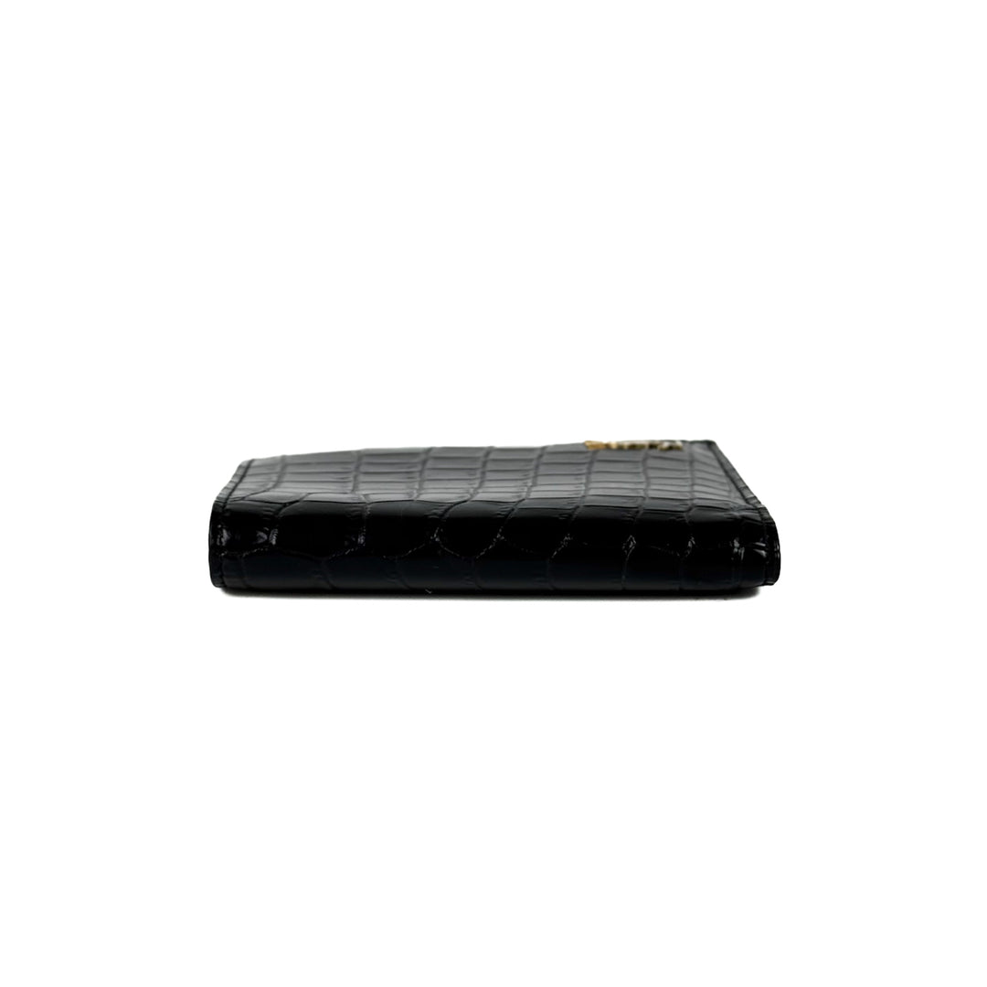 YSL Crocodile Embossed Calfskin Bi-Fold Wallet Black/Gold