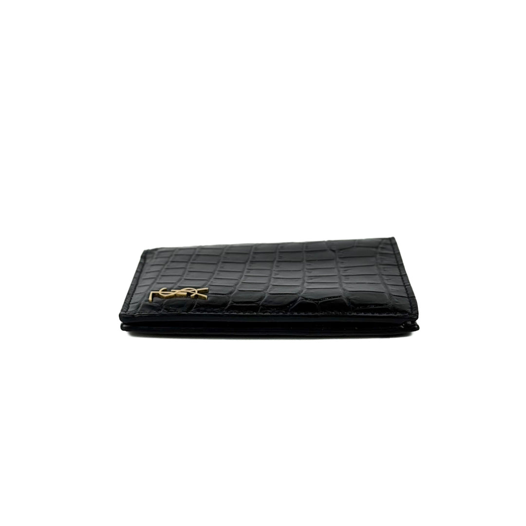 YSL Crocodile Embossed Calfskin Bi-Fold Wallet Black/Gold