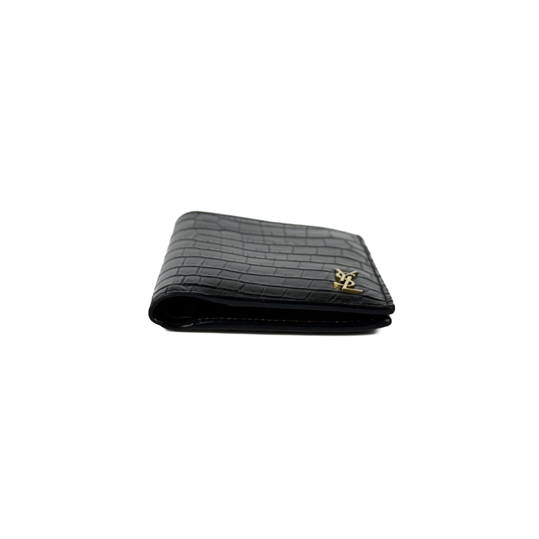 YSL Crocodile Embossed Calfskin Bi-Fold Wallet Black/Gold